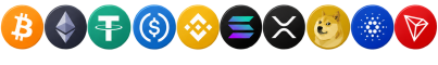 Ten circular cryptocurrency logos in a row, including Bitcoin, Ethereum, Tether, USD Coin, Binance Coin, Solana, XRP, Dogecoin, Cardano, and TRON, are displayed on a plain white background in a clean single product layout—ideal for showcasing digital assets for mega electronics platforms.