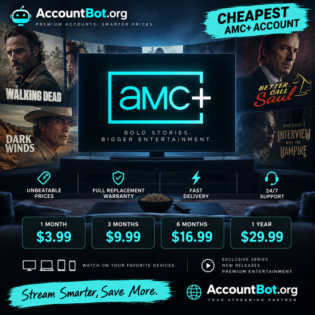 Promotional graphic for AMC Plus accounts displaying TV show posters, pricing options, and features such as warranty, fast delivery, and 24/7 support. AccountBot.org branding is included.