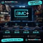 Promotional graphic for AMC Plus accounts displaying TV show posters, pricing options, and features such as warranty, fast delivery, and 24/7 support. AccountBot.org branding is included.