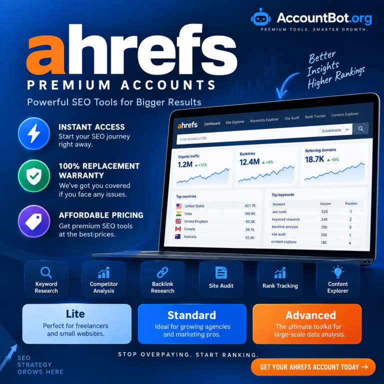 Ahrefs advertisement featuring a laptop displaying analytics and showcasing key features, along with pricing plans for its Lite, Standard, and Advanced SEO tools.