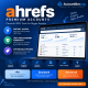 Ahrefs advertisement featuring a laptop displaying analytics and showcasing key features, along with pricing plans for its Lite, Standard, and Advanced SEO tools.