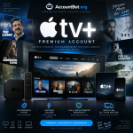 Apple TV+ promotional image highlighting supported devices, featured shows, affordable subscription plans, instant access, warranty coverage, and wide compatibility.