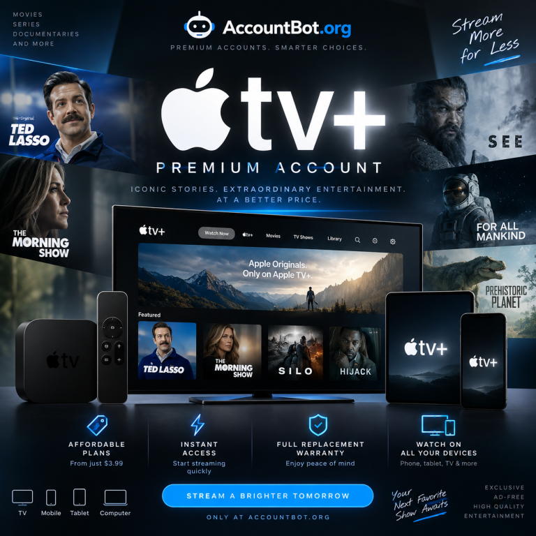 Apple TV+ promotional image highlighting supported devices, featured shows, affordable subscription plans, instant access, warranty coverage, and wide compatibility.