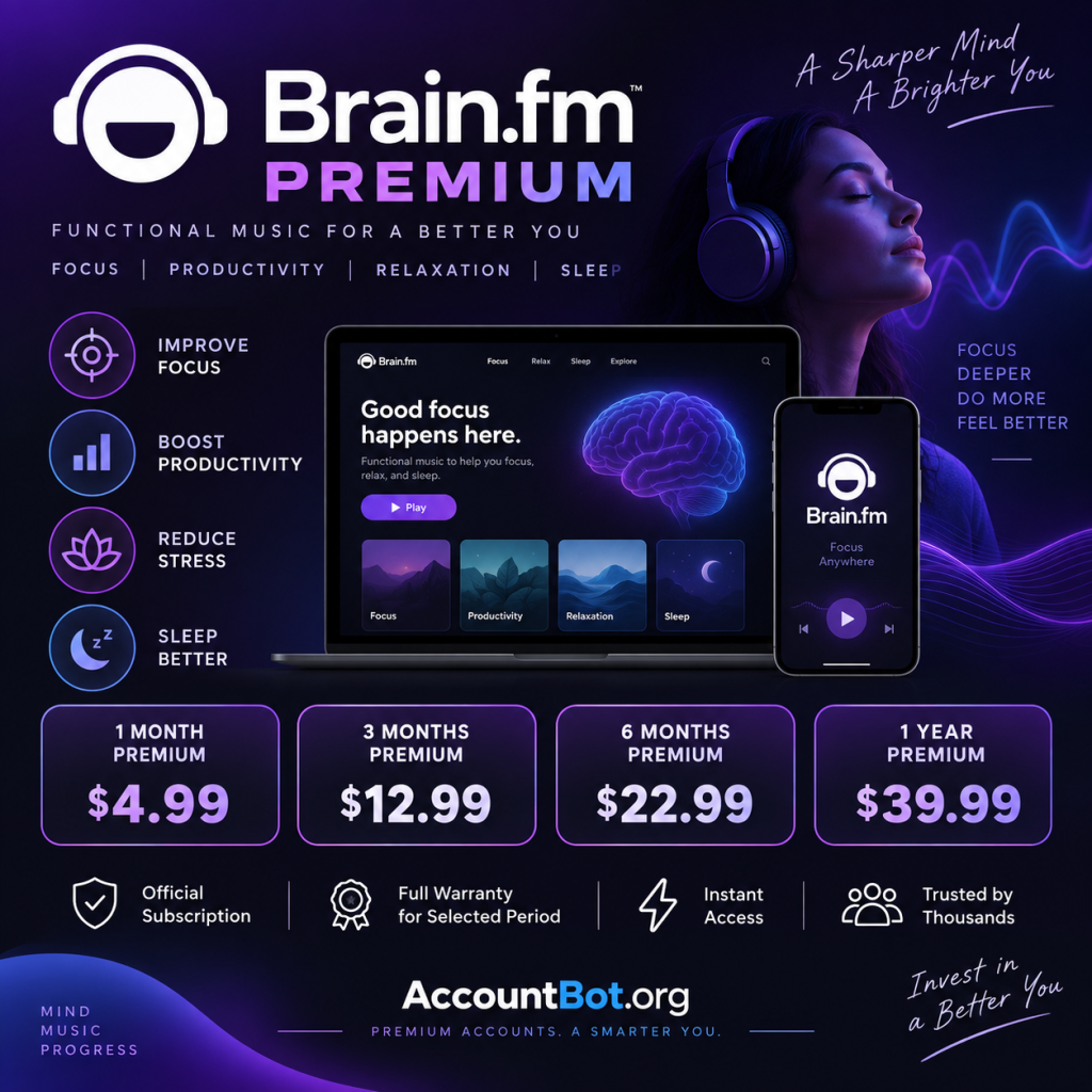 Promotional graphic for Brain FM, a music service designed to enhance focus, relaxation, and sleep, featuring pricing plans, key features, and an illustrated woman wearing headphones.