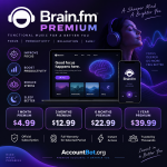 Promotional graphic for Brain FM, a music service designed to enhance focus, relaxation, and sleep, featuring pricing plans, key features, and an illustrated woman wearing headphones.