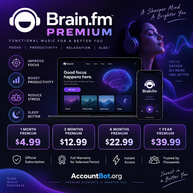 Promotional graphic for Brain FM, a music service designed to enhance focus, relaxation, and sleep, featuring pricing plans, key features, and an illustrated woman wearing headphones.