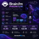 Promotional graphic for Brain FM, a music service designed to enhance focus, relaxation, and sleep, featuring pricing plans, key features, and an illustrated woman wearing headphones.