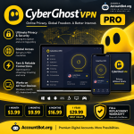 CyberGhost promotional graphic displaying device compatibility, subscription plans, feature icons, and the CyberGhost VPN interface across multiple devices.