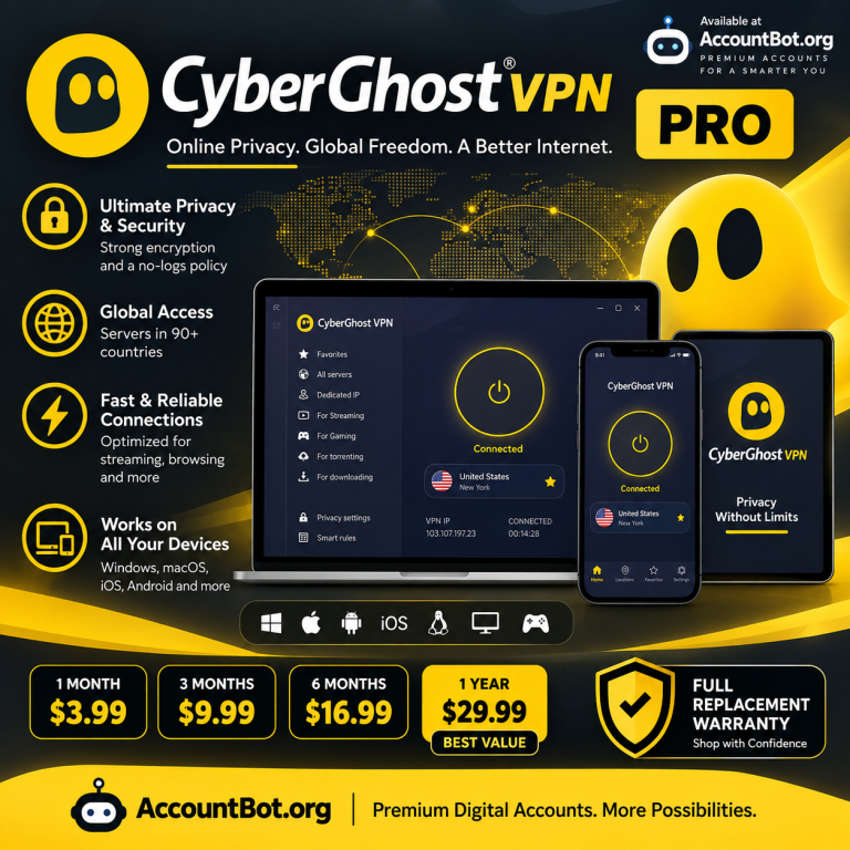 CyberGhost promotional graphic displaying device compatibility, subscription plans, feature icons, and the CyberGhost VPN interface across multiple devices.