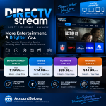 A DIRECTV promotional graphic highlighting streaming options, various pricing plans, key features such as sports access and a hassle-free experience, alongside logos of popular channels and compatible streaming devices.