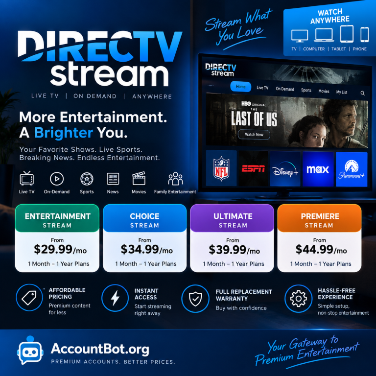 A DIRECTV promotional graphic highlighting streaming options, various pricing plans, key features such as sports access and a hassle-free experience, alongside logos of popular channels and compatible streaming devices.
