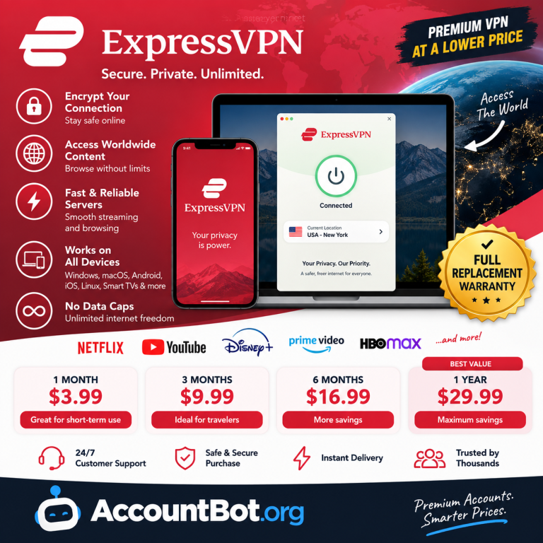 ExpressVPN showcases its features, supported devices, streaming access options, and pricing plans, highlighting secure and private browsing, unlimited data usage, and compatibility with multiple streaming services.
