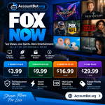Promotional graphic for Fox Now showcasing streaming plans and prices, popular TV shows, and highlighted features such as full warranty, instant access, and HD streaming.