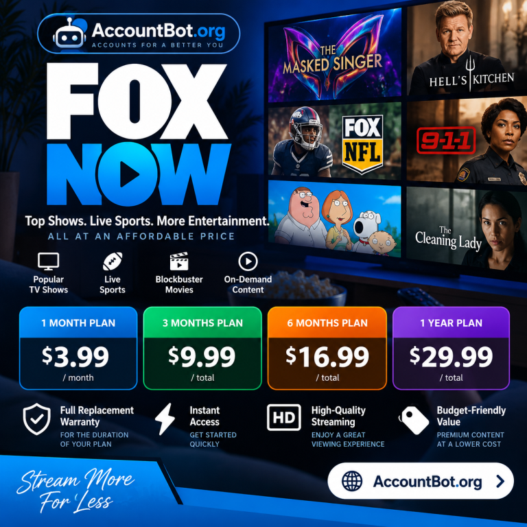 Promotional graphic for Fox Now showcasing streaming plans and prices, popular TV shows, and highlighted features such as full warranty, instant access, and HD streaming.