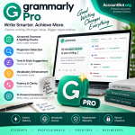 Grammarly Pro promotional graphic showcasing features such as advanced grammar checking, personalized writing suggestions, AI-powered assistance, and highlighting advantages for students, professionals, content creators, and businesses.