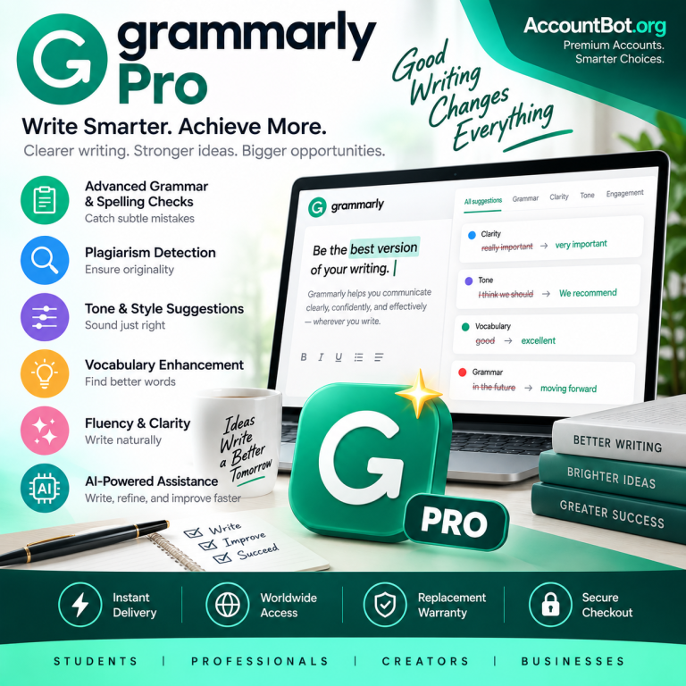 Grammarly Pro promotional graphic showcasing features such as advanced grammar checking, personalized writing suggestions, AI-powered assistance, and highlighting advantages for students, professionals, content creators, and businesses.