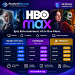 Promotional image for HBO Max subscription plans on AccountBot.org, showcasing Basic with Ads, Standard, and Premium tiers—each available at various prices and durations.
