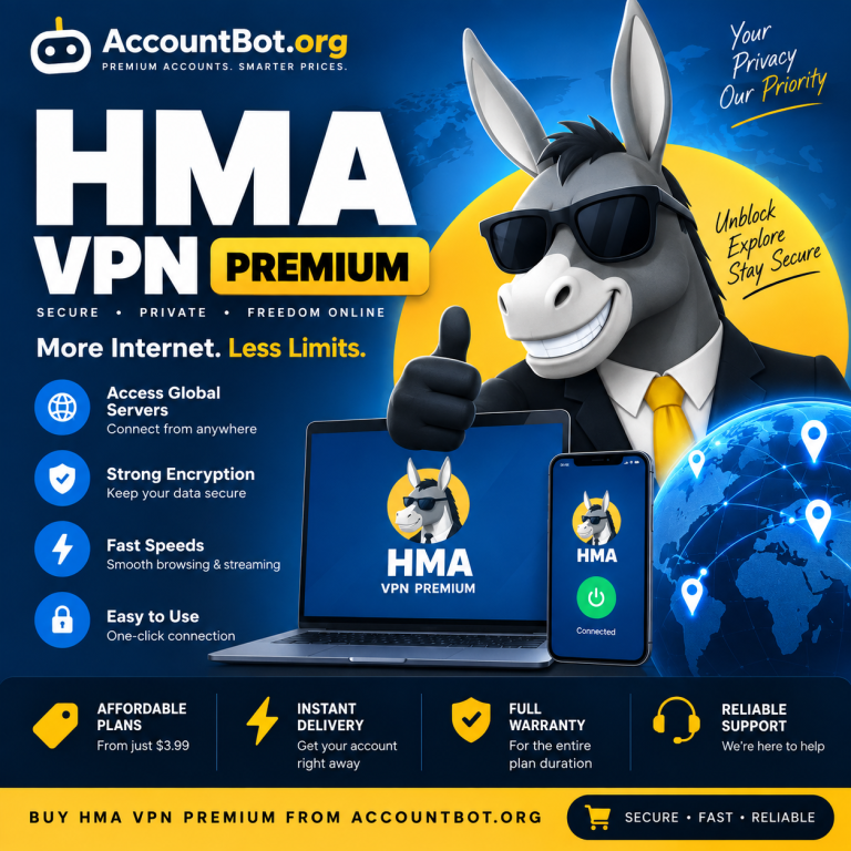 Illustration of a donkey mascot with devices displaying HMA, highlighting its premium VPN service features and benefits on a blue background to promote secure and private internet access.
