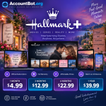 Promotional image for Hallmark+, highlighting its streaming service plans, device compatibility, full warranty, and affordable pricing, featuring visuals of movies displayed on multiple devices.