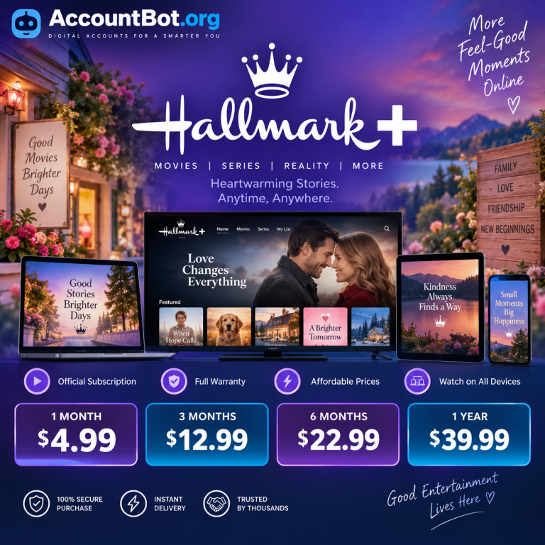 Promotional image for Hallmark+, highlighting its streaming service plans, device compatibility, full warranty, and affordable pricing, featuring visuals of movies displayed on multiple devices.