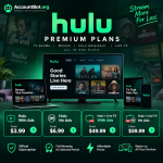 Hulu plans promotion featuring monthly pricing, available device options, and featured benefits displayed on a green background, accompanied by images from top Hulu shows.