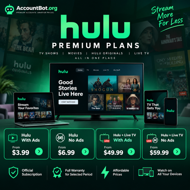 Hulu plans promotion featuring monthly pricing, available device options, and featured benefits displayed on a green background, accompanied by images from top Hulu shows.