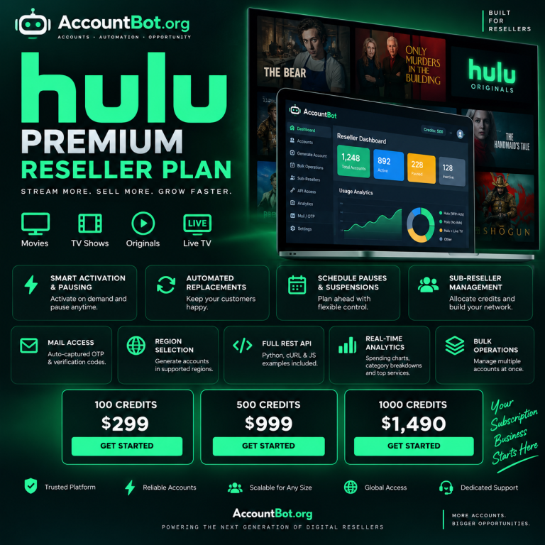 Promotional graphic for Hulu Reseller, showcasing Hulu subscription features, competitive credit pricing, an intuitive dashboard interface, and top Hulu shows in the background—ideal for aspiring resellers or anyone managing multiple Hulu accounts.