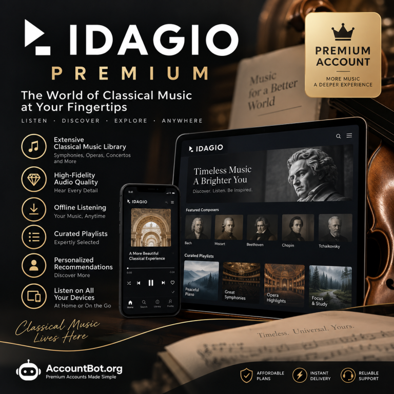 IDAGIO ad displays the app interfaces on a phone and tablet, highlighting classical music features such as offline listening and personalized recommendations. The Premium badge and icons are prominently shown.