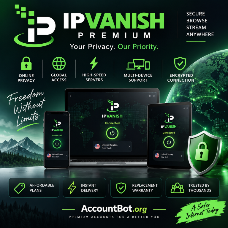 IPVanish ad showcasing laptops and phones, emphasizing encrypted connections, worldwide access, multi-device support, and secure internet browsing—all available through AccountBot’s affordable IPVanish plans.