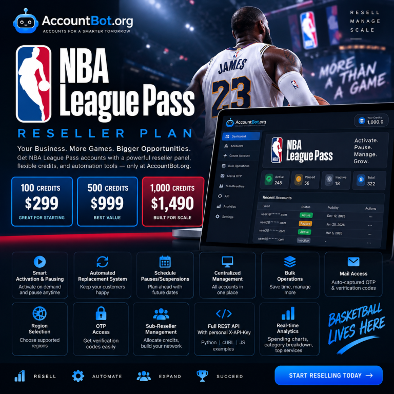 Experience NBA streaming like never before with the NBA League Pass Reseller! Enjoy competitive pricing, exclusive reseller perks, and explore a vibrant image of a Lakers jersey-clad basketball star. This ad showcases leading benefits for resellers and offers an inside look at the intuitive AccountBot.org platform interface—making NBA League Pass Reseller your go-to solution for becoming an official reseller.