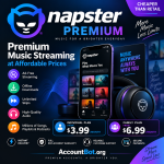 Napster’s Premium streaming ad showcases the Napster app interface on a smartphone, displays plan prices, and uses icons to highlight features such as offline downloads, high audio quality, and instant music delivery.