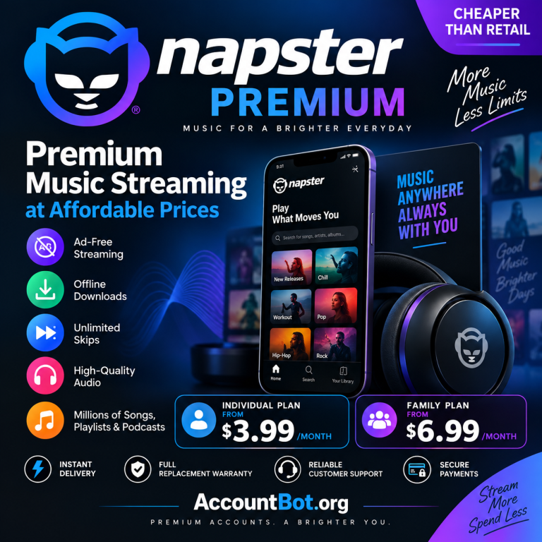 Napster’s Premium streaming ad showcases the Napster app interface on a smartphone, displays plan prices, and uses icons to highlight features such as offline downloads, high audio quality, and instant music delivery.