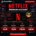 Promotional graphic for Netflix on AccountBot.org, highlighting premium account subscription prices, key features, a 4K Ultra HD badge, and background images from popular Netflix series.
