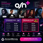 OSN+ plan comparison chart displaying Standard and Premium plan prices, featured content, OSN+ logos, and key benefits.