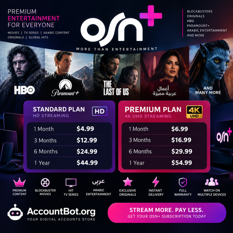 OSN+ plan comparison chart displaying Standard and Premium plan prices, featured content, OSN+ logos, and key benefits.