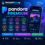 The Pandora app showcases Premium features on a mobile screen, including ad-free listening, offline access, unlimited skips, personalized playlists, family plan options, and secure payment methods.
