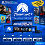 Promotional graphic for Paramount Plus on AccountBot.org, showcasing instant delivery, a full warranty, competitive subscription prices, and access to a wide selection of popular shows and sports content from the leading streaming service.