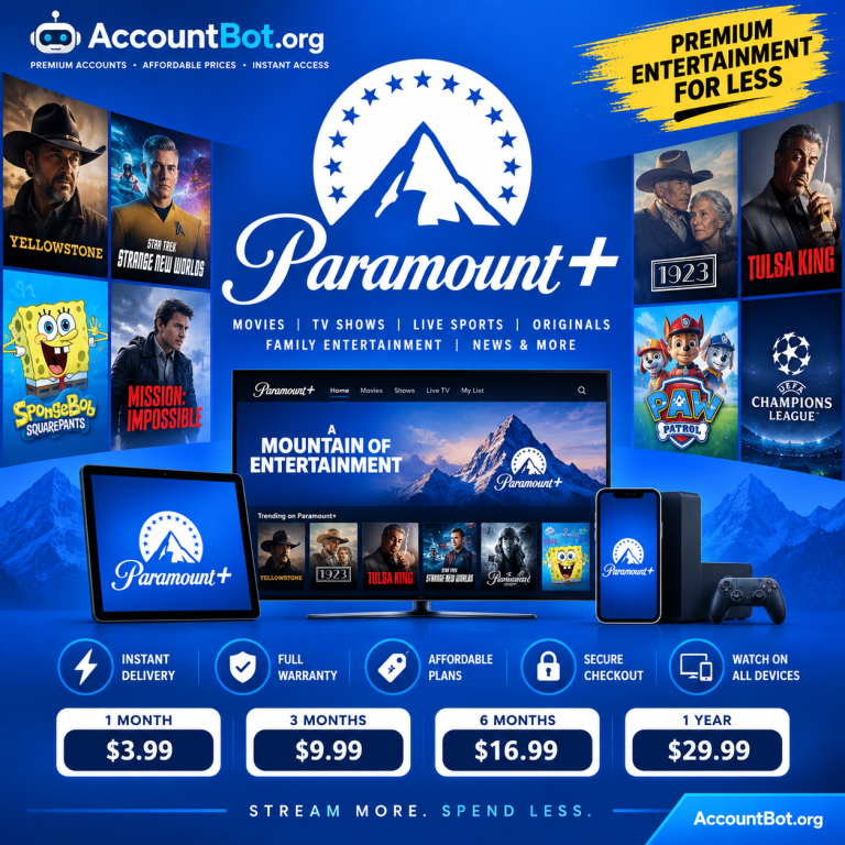 Promotional graphic for Paramount Plus on AccountBot.org, showcasing instant delivery, a full warranty, competitive subscription prices, and access to a wide selection of popular shows and sports content from the leading streaming service.