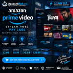 Prime Video advertisement featuring streaming device screens, various pricing plans, and highlights of features such as movies, TV shows, family-friendly viewing options, and budget-friendly subscriptions. The design uses a blue and black color scheme with promotional messaging.