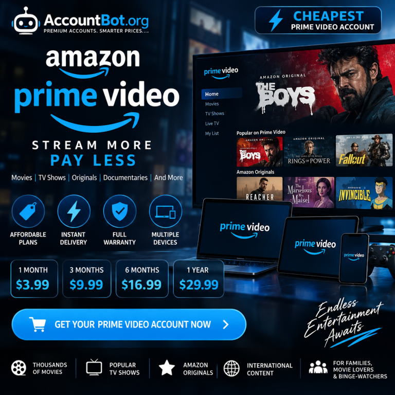 Prime Video advertisement featuring streaming device screens, various pricing plans, and highlights of features such as movies, TV shows, family-friendly viewing options, and budget-friendly subscriptions. The design uses a blue and black color scheme with promotional messaging.