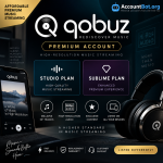 Qobuz ad showcasing Studio and Sublime music streaming plans, benefit icons, headphones imagery, and the AccountBot.org website.