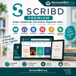 Promotional graphic for Scribd highlighting premium accounts available at AccountBot.org, featuring vibrant icons representing ebooks, audiobooks, documents, magazines, and more—showcasing key features and exclusive benefits.