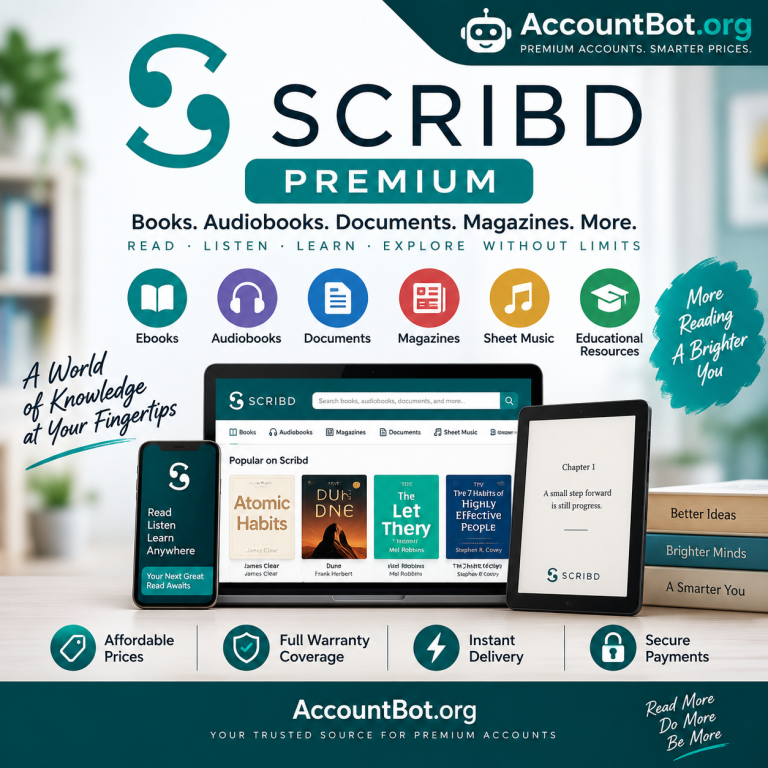 Promotional graphic for Scribd highlighting premium accounts available at AccountBot.org, featuring vibrant icons representing ebooks, audiobooks, documents, magazines, and more—showcasing key features and exclusive benefits.