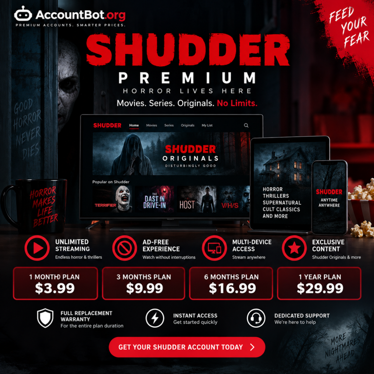 Shudder offers a streaming service specializing in horror content, featuring an ad-free experience, multi-device access, and subscription plans starting at $3.99 per month or $29.99 per year.