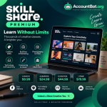 Skillshare’s advertisement displays a laptop featuring class categories, subscription pricing plans, and highlighted key benefits such as creative growth opportunities, a full validity warranty, and access on any device.
