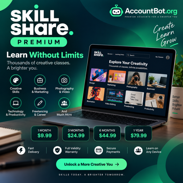 Skillshare’s advertisement displays a laptop featuring class categories, subscription pricing plans, and highlighted key benefits such as creative growth opportunities, a full validity warranty, and access on any device.