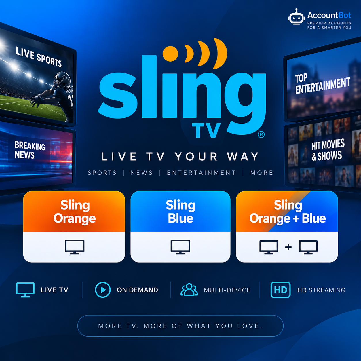 Discover Sling TV’s affordable packages: Sling Orange, Sling Blue, and Sling Orange + Blue. Enjoy live TV, on-demand shows, multi-device streaming, and HD quality—making it simple to enjoy entertainment at a great price with Sling TV. Discover Sling TV’s affordable packages: Sling Orange, Sling Blue, and Sling Orange + Blue. Enjoy live TV, on-demand shows, multi-device streaming, and HD quality—making it simple to enjoy entertainment at a great price with Sling TV.