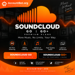 A SoundCloud plans comparison highlights features such as ad-free listening, offline access, millions of tracks, high-quality audio, and multi-device support on an orange and black background.