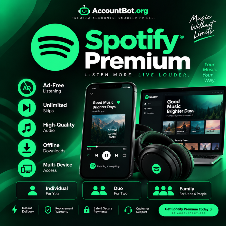 Spotify ad highlighting premium features like ad-free listening, unlimited skips, high-quality audio, offline downloads, and access across multiple devices. Subscription options include Individual, Duo, and Family plans.