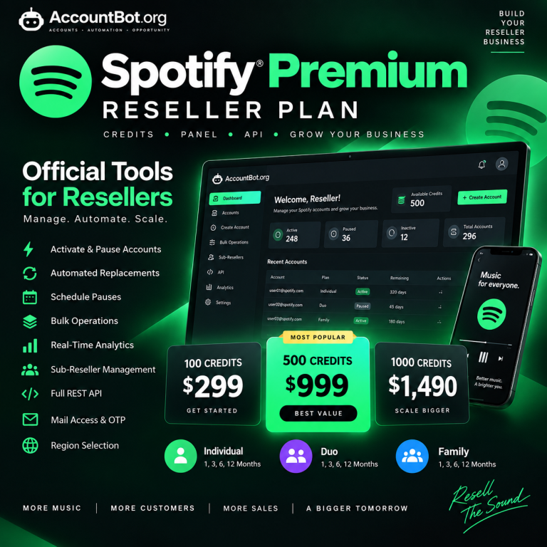 Spotify Reseller ad featuring Premium Plan pricing for both individual and family credits, an all-in-one dashboard, and specialized tools such as scheduling and advanced analytics.